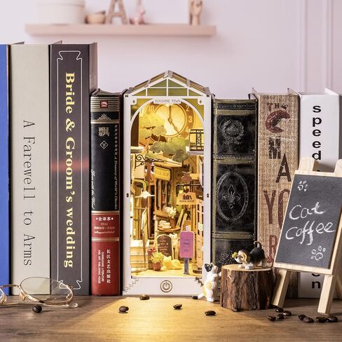 مجموعات زاوية كتاب Rowood للبالغين، رف الكتب، إدراج ديكور زقاق 3D لغز خشبي Bookend DIY Craft Kits للبالغين مع ضوء LED - Sunshine Town in Kuwait