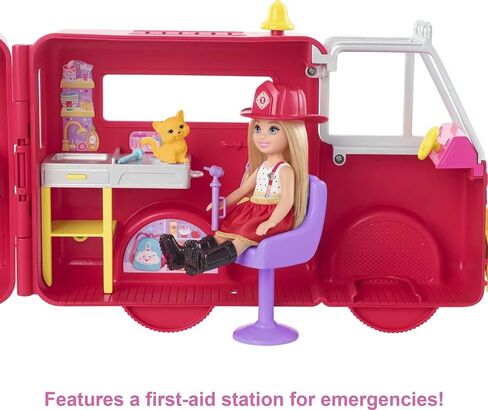 Barbie Chelsea Can Be Doll & Toy Fire Truck Playset with Blonde Small Doll, 2 Pets & 15+ Acessories, Open for Fire Station in Saudi Arabia