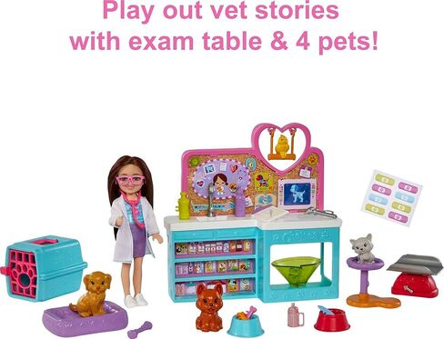 Barbie Chelsea Doll and Accessories, Pet Vet Playset with Doll, 4 Animals and 18 Pieces in Saudi Arabia