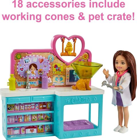 Barbie Chelsea Doll and Accessories, Pet Vet Playset with Doll, 4 Animals and 18 Pieces in Saudi Arabia