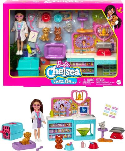Barbie Chelsea Doll and Accessories, Pet Vet Playset with Doll, 4 Animals and 18 Pieces in Saudi Arabia