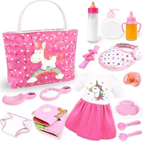 BNUZEIYI Baby Doll Accessories -Baby Doll Feeding and Caring Set with Diaper Bag Bottles for Girls Toys Gift, Stuff Doll Clothes fit 14-16 Inch Doll and 18 Inch Doll in Saudi Arabia