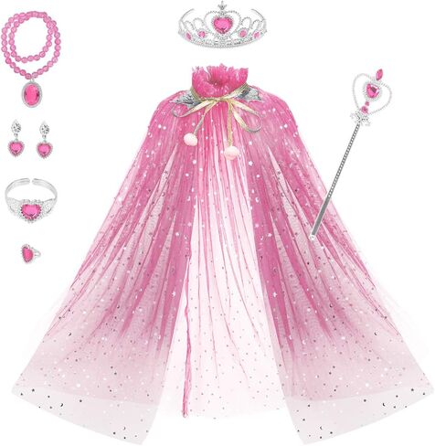Fedio Princess Cape Set 7 Pieces Girls Princess Cloak with Tiara Crown, Wand for Little Girls Dress up (Blue) in Kuwait