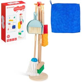 HELLOWOOD Kids Cleaning Set, 8pcs Housekeeping Play Set Includes Broom Mop Duster Dustpan Brushes Rag and Organizing Stand, Cleaning Toys Gift for Toddlers Girls Boys Age 3-6, Solid Beech Wood
