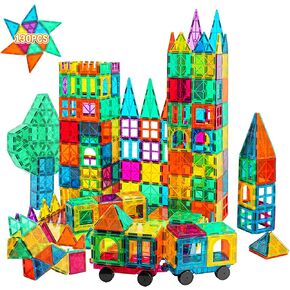 Bmag 130PCS Magnetic Tiles Building Blocks, 3D Magnet Blocks Construction Playboards for Kids Toddlers, Educational STEM Preschool Toys for Boys Girls with 2 Cars