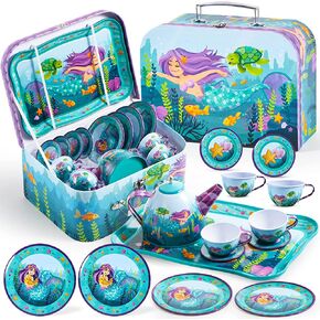 JOYIN Unicorn Tea Party Set for Little Girls, Pretend Purple Tin Teapot Set, Princess Tea Time Play Kitchen Toy with Teapot, Cup, Plate, Carrying Case for Birthday Easter Gift Kids Toddler Age 3 4 5 6