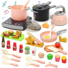 CUTE STONE Pretend Play Kitchen Toy with Cookware Steam Pressure Pot and Electronic Induction Cooktop, Cooking Utensils, Toy Cutlery, Cut Play Food, Shopping Basket Learning Toy for Girls Boys