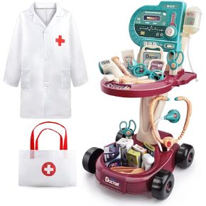 Deejoy Toy Doctor Kit for Kids , Pretend Medical Station Set for Boys & Girls，24 Accessories Mobile Cart with Lights, Eye Chart,, Thermometer, Stethoscope, Pulse Machine，Great Gift for Toddlers