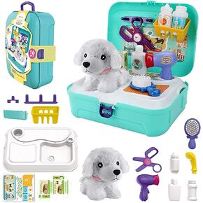 TEUVO Pet Care Play Set Doctor Kit للأطفال، 16 جهاز كمبيوتر شخصى الطبيب التظاهر اللعب البيطري الكلب الاستمالة اللعب جرو الكلب الناقل تغذية الكلب على ظهره الهدايا للفتيات الفتيان 3-7 سنوات من العمر