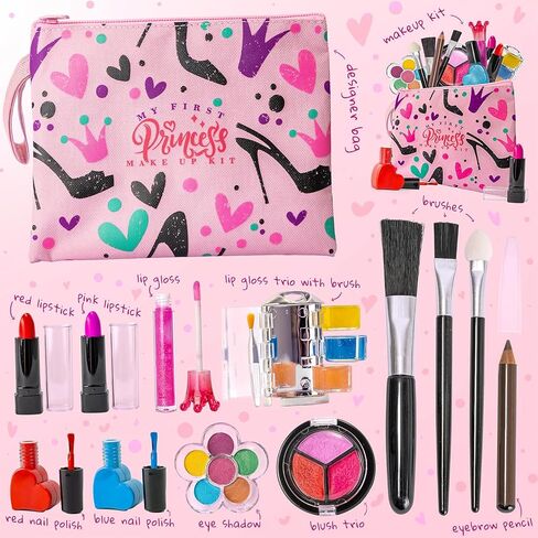FoxPrint Kids Makeup Kit for Girls, Soft to skin, Easy to wash, 23 Pc Princess Makeup Set Toys Girls & Kids, Carrying Cosmetic Purse for Easy Storage in Saudi Arabia