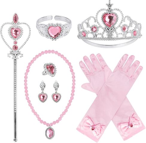 Princess Dress Up Party Accessories for Princess Costume Gloves Tiara Wand Necklace Earrings Bracelet and Ring Gift Set 9pcs (Pink, Set of 7, 9pcs) in Saudi Arabia