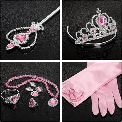 Princess Dress Up Party Accessories for Princess Costume Gloves Tiara Wand Necklace Earrings Bracelet and Ring Gift Set 9pcs (Pink, Set of 7, 9pcs) in Saudi Arabia