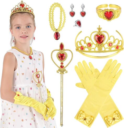 Princess Dress Up Party Accessories for Princess Costume Gloves Tiara Wand Necklace Earrings Bracelet and Ring Gift Set 9pcs (Pink, Set of 7, 9pcs) in Saudi Arabia