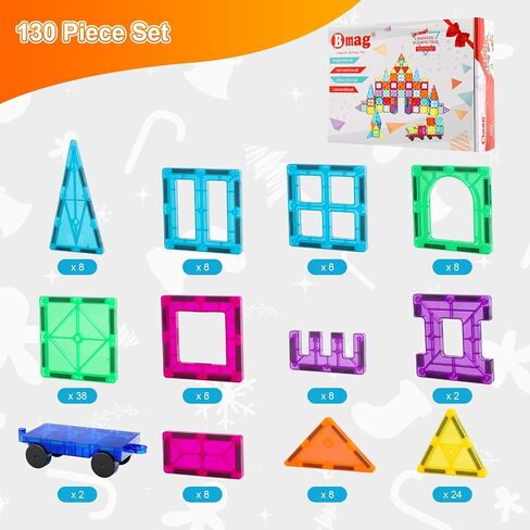 Bmag 130PCS Magnetic Tiles Building Blocks, 3D Magnet Blocks Construction Playboards for Kids Toddlers, Educational STEM Preschool Toys for Boys Girls with 2 Cars in Saudi Arabia