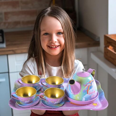 MEIJIABA Tea Party Set for Little Girls, Kids Play Tea Set for Toddlers 1-3, Plastic Tin Toy Tea Set, Pretend Princess Tea Party Set, Kitchen Birthday Gifts for 3 4 5 6 Year Old Girl in Kuwait