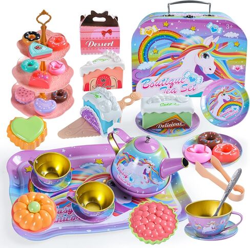 MEIJIABA Tea Party Set for Little Girls, Kids Play Tea Set for Toddlers 1-3, Plastic Tin Toy Tea Set, Pretend Princess Tea Party Set, Kitchen Birthday Gifts for 3 4 5 6 Year Old Girl in Kuwait