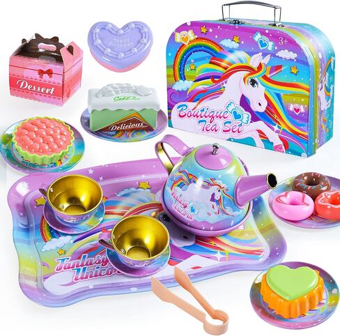 MEIJIABA Tea Party Set for Little Girls, Kids Play Tea Set for Toddlers 1-3, Plastic Tin Toy Tea Set, Pretend Princess Tea Party Set, Kitchen Birthday Gifts for 3 4 5 6 Year Old Girl in Kuwait