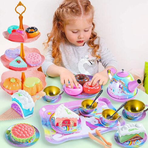 MEIJIABA Tea Party Set for Little Girls, Kids Play Tea Set for Toddlers 1-3, Plastic Tin Toy Tea Set, Pretend Princess Tea Party Set, Kitchen Birthday Gifts for 3 4 5 6 Year Old Girl in Kuwait