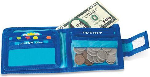 Melissa & Doug Pretend-to-Spend Toy Wallet With Play Money and Cards (45 pcs), Blue - FSC Certified in Saudi Arabia