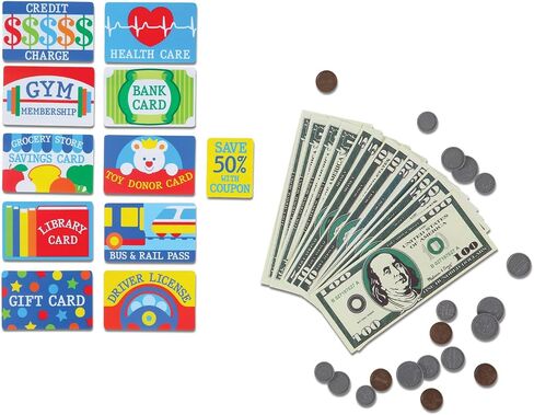 Melissa & Doug Pretend-to-Spend Toy Wallet With Play Money and Cards (45 pcs), Blue - FSC Certified in Saudi Arabia