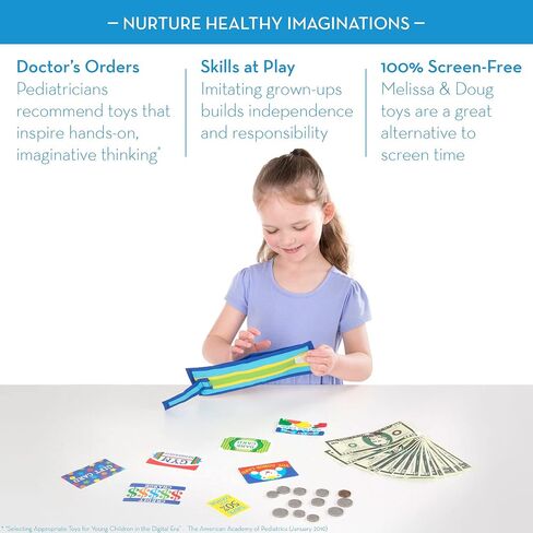 Melissa & Doug Pretend-to-Spend Toy Wallet With Play Money and Cards (45 pcs), Blue - FSC Certified in Saudi Arabia