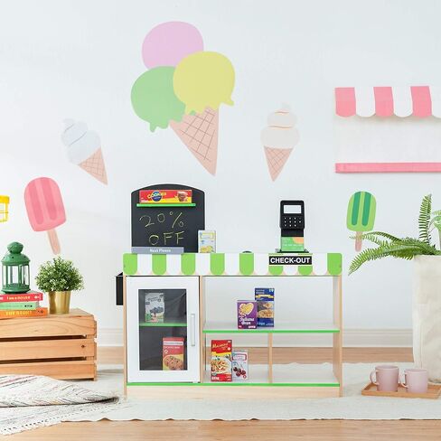Teamson Kids Austin Pretend Play Grocery Store Set with Realistic Checkout Counter, Play Money, & Pretend Food, 26 Accessories, Green/Natural in Saudi Arabia