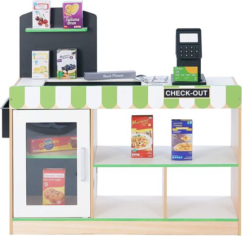 Teamson Kids Austin Pretend Play Grocery Store Set with Realistic Checkout Counter, Play Money, & Pretend Food, 26 Accessories, Green/Natural in Saudi Arabia