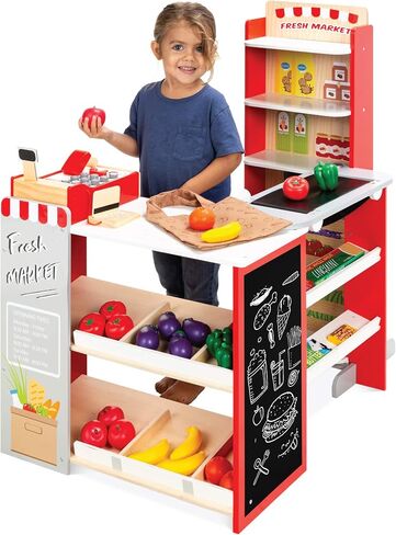 Best Choice Products Pretend Play Grocery Store Wooden Supermarket Toy Set for Kids w/Play Food, Chalkboard, Cash Register, Working Conveyor in Saudi Arabia