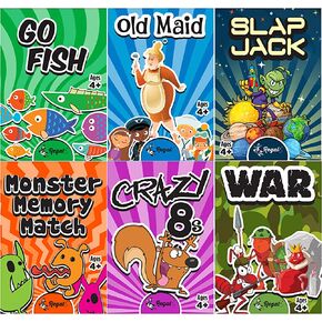 ألعاب ريجال - ألعاب بطاقات كلاسيكية للأطفال - تتضمن Old Maid وGo Fish وSlapjack وCrazy 8's وWar وSilly Monster Memory Match - ليالي الألعاب العائلية والحفلات - مجموعة من 6 ألعاب
