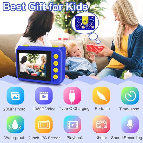 كاميرا GKTZ Kids المقاومة للماء - كاميرا رقمية للأطفال قابلة للدوران 180 بكسل بدقة 1080 بكسل عالية الدقة تحت الماء مع بطاقة SD سعة 32 جيجابايت، ألعاب هدايا عيد ميلاد للفتيات من سن 3 إلى 14 عامًا in Kuwait