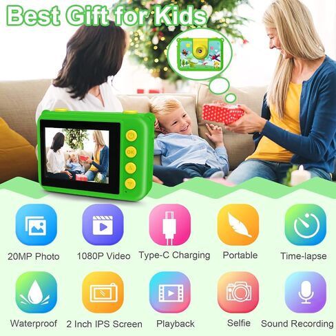 كاميرا GKTZ Kids المقاومة للماء - كاميرا رقمية للأطفال قابلة للدوران 180 بكسل بدقة 1080 بكسل عالية الدقة تحت الماء مع بطاقة SD سعة 32 جيجابايت، ألعاب هدايا عيد ميلاد للفتيات من سن 3 إلى 14 عامًا in Kuwait