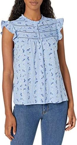 قميص نسائي مطبوع برقبة عالية وأكمام رفرفة من Lucky Brand in Kuwait