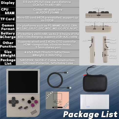 RG35XX Handheld Game Console 3.5 inch IPS Retro Games Consoles Classic Emulator Hand-held Gaming Console Preinstalled Hand Held Video Games System with Portable Case 64GB Retro Gray in Saudi Arabia
