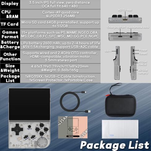 RG35XX Handheld Game Console 3.5 inch IPS Retro Games Consoles Classic Emulator Hand-held Gaming Console Preinstalled Hand Held Video Games System with Portable Case 64GB Retro Gray in Saudi Arabia