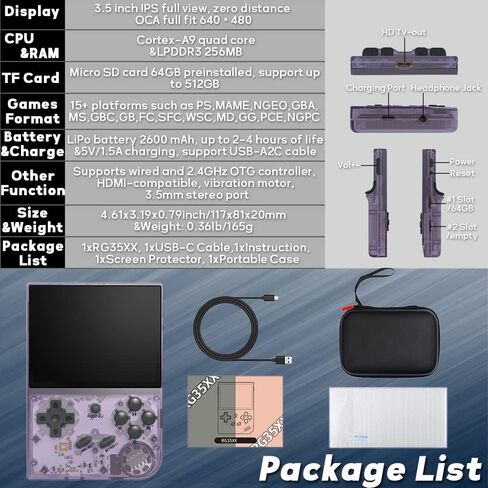 وحدة تحكم ألعاب محمولة باليد RG35XX مقاس 3.5 بوصة IPS وحدة تحكم ألعاب قديمة محاكي كلاسيكي وحدة تحكم ألعاب محمولة باليد نظام ألعاب فيديو مثبت مسبقًا مع حقيبة محمولة 64 جيجا بايت رمادي قديم in Kuwait