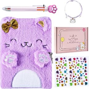 Diary for Girls with Lock and Keys, Kids Journal Travel Notebook for Writing, Cute Secret Diary with Multicolored Pen, Stickers, Bracelet, Practical Gift for Birthday, Easter (A Cute Cat)
