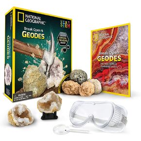 NATIONAL GEOGRAPHIC Break Open 10 Premium Geodes – Includes Goggles and 2 Display Stands - Great STEM Science Kit, Geology Gift for Kids, Break Your Own Geodes with Crystals, Toys for Boys and Girls