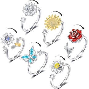 ZOERAY 6 قطع من حلقات القلق الململة للنساء حلقات مفتوحة قابلة للتعديل حلقات قابلة للتدوير حلقات مزاجية مهدئة حلقات مكعب زركونيا فراشة زهرة عباد الشمس وردة قابلة للتكديس مجموعة حلقات تخفف التوتر in Kuwait