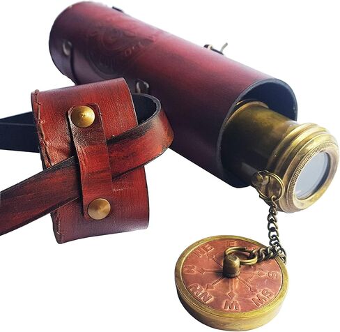 Brass Nautical - Functional Telescope | Brass Made | Glass Optics and High Magnfication | Kid's Telescope | Camouflage Finish | 18in Long | 1 Pc in Leather Bag | Handheld Antique Style | Spyglass in Kuwait