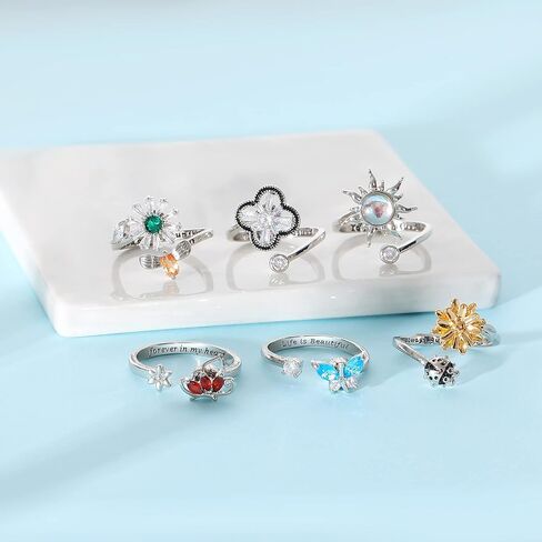 ZOERAY 6 قطع من حلقات القلق الململة للنساء حلقات مفتوحة قابلة للتعديل حلقات قابلة للتدوير حلقات مزاجية مهدئة حلقات مكعب زركونيا فراشة زهرة عباد الشمس وردة قابلة للتكديس مجموعة حلقات تخفف التوتر in Kuwait