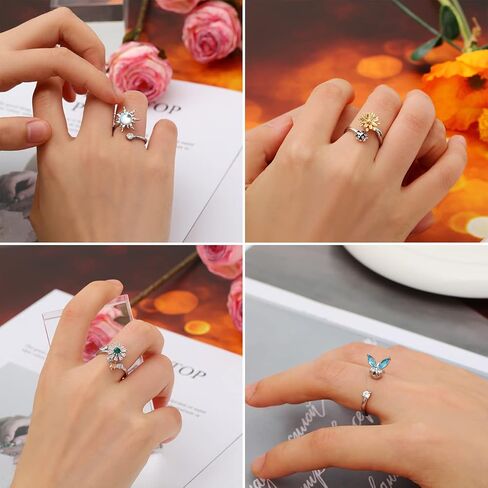 ZOERAY 6 قطع من حلقات القلق الململة للنساء حلقات مفتوحة قابلة للتعديل حلقات قابلة للتدوير حلقات مزاجية مهدئة حلقات مكعب زركونيا فراشة زهرة عباد الشمس وردة قابلة للتكديس مجموعة حلقات تخفف التوتر in Kuwait