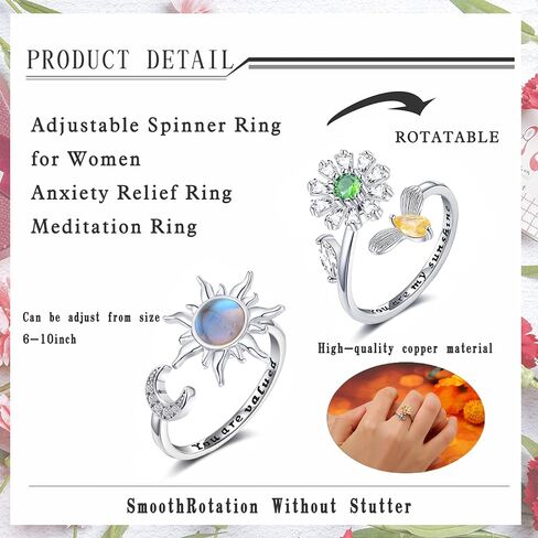 ZOERAY 6 قطع من حلقات القلق الململة للنساء حلقات مفتوحة قابلة للتعديل حلقات قابلة للتدوير حلقات مزاجية مهدئة حلقات مكعب زركونيا فراشة زهرة عباد الشمس وردة قابلة للتكديس مجموعة حلقات تخفف التوتر in Kuwait