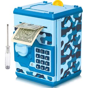 ATM Piggy Bank for Boys Girls, Vcertcpl Mini ATM Coin Bank Money Saving Box with Password, Kids Safe Money Jar for Adults with Auto Grab Bill Slot, Great Gift Toy Bank for Kids(Camouflage Blue)