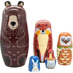 Conzy Russian Nesting Dolls for Kids, Stacking Wooden Handmade Matryoshka Dolls, 5 Piece Cute Cartoon Animal Pattern, Great Toy Gift for Girls Boys' Birthday or Home Decoration (Brown)