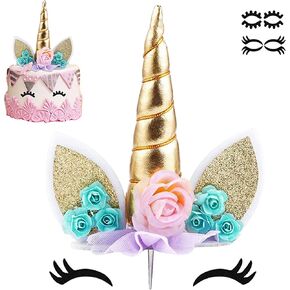 Unicorn Cake Topper Party Supplies Decorations for Girls Gold Unicorn Horn First Birthday Cake Topper Kit with Eyelashes, 5.8 Inch in Kuwait