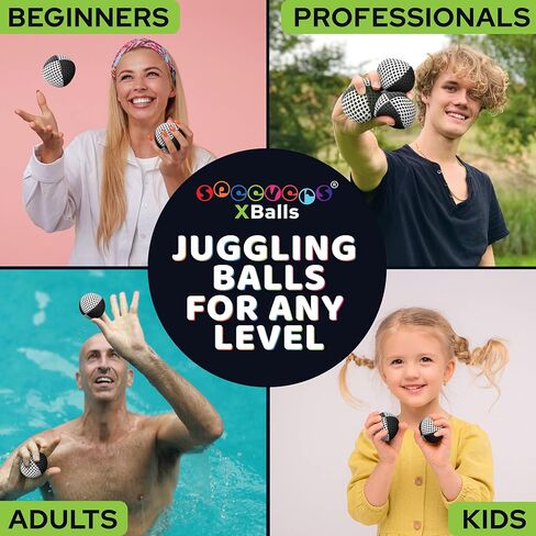Juggling Balls for Beginners and Professionals Set of 3, Juggling Bean Bags 14 Colors Available, 2 Layers of Net and Carry Case, Original Xballs Juggling Balls (Black - White, 4.2 oz) in Saudi Arabia