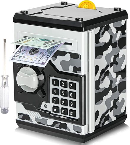 ATM Piggy Bank للأولاد والبنات، Vcertcpl Mini ATM Coin Bank صندوق توفير المال مع كلمة مرور، جرة أموال آمنة للأطفال للبالغين مع فتحة فاتورة انتزاع تلقائية، بنك ألعاب هدية رائعة للأطفال (أزرق مموه) in Kuwait