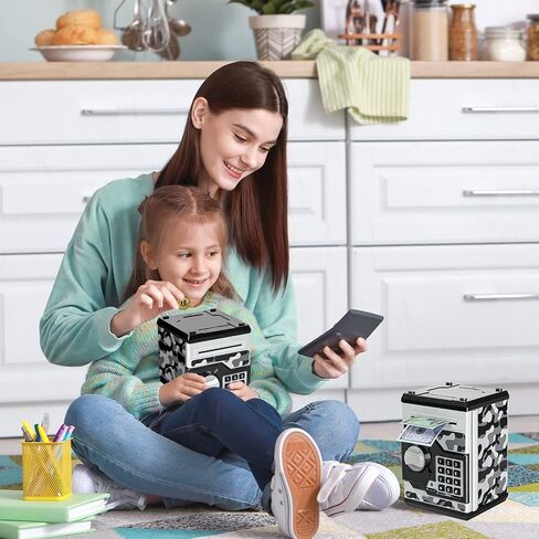 ATM Piggy Bank للأولاد والبنات، Vcertcpl Mini ATM Coin Bank صندوق توفير المال مع كلمة مرور، جرة أموال آمنة للأطفال للبالغين مع فتحة فاتورة انتزاع تلقائية، بنك ألعاب هدية رائعة للأطفال (أزرق مموه) in Kuwait