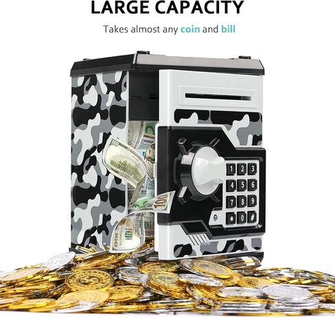 ATM Piggy Bank للأولاد والبنات، Vcertcpl Mini ATM Coin Bank صندوق توفير المال مع كلمة مرور، جرة أموال آمنة للأطفال للبالغين مع فتحة فاتورة انتزاع تلقائية، بنك ألعاب هدية رائعة للأطفال (أزرق مموه) in Kuwait