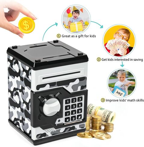 ATM Piggy Bank للأولاد والبنات، Vcertcpl Mini ATM Coin Bank صندوق توفير المال مع كلمة مرور، جرة أموال آمنة للأطفال للبالغين مع فتحة فاتورة انتزاع تلقائية، بنك ألعاب هدية رائعة للأطفال (أزرق مموه) in Kuwait